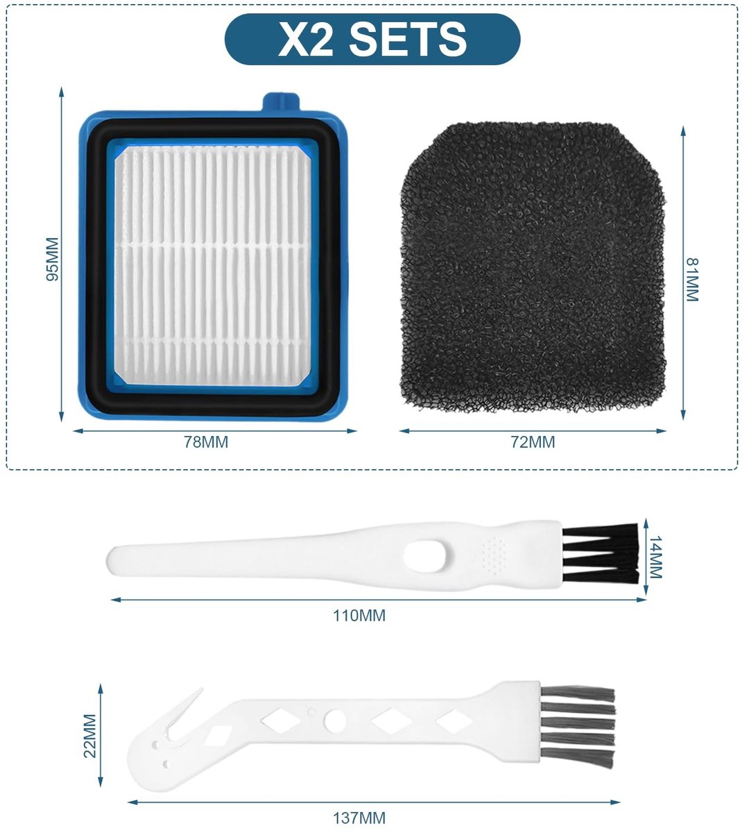 Dailygoods- Stofzuigeraccessoires 2 Sets - Katoenen Filter 95 x 78 mm - Voegenreinigingsborstel 110 x 14 mm - Ganzenkopborstel - Kunststof - Uitstekende Filterprestaties - Stofzuigerfilters