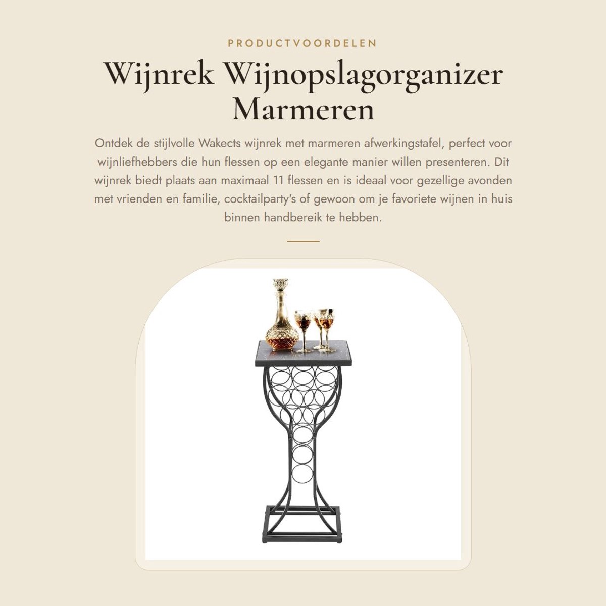 Dailygoods- Wijnrek met marmeren tafelblad - Wijnopslagorganizer - Metalen meubel - Voor 11 flessen - Stevig en duurzaam - Makkelijk schoon te maken - Wijnopslag