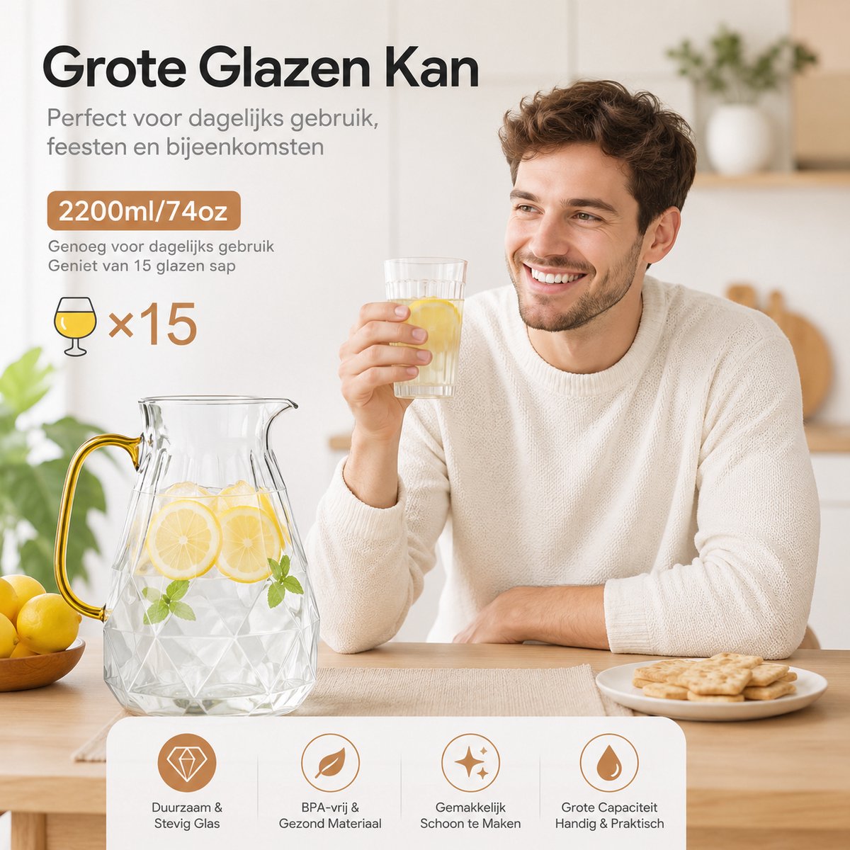 BOTC Karaf van glas - Waterkan met deksel - 2,2 L - Ijstheekan met borstel - Hittebestendige Borosilicaatkan — cadeau in Koken & Dineren - foto 2