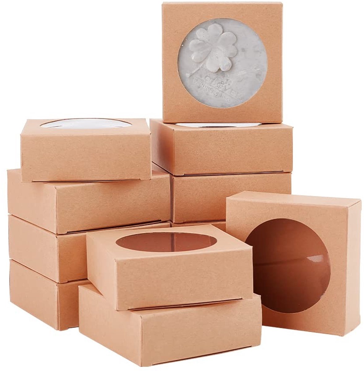 Dailygoods- Cadeauverpakkingsdozen 24-pak - Kraftpapierdozen met Venster 8 x 8 x 3 cm - Verpakkingsmateriaal voor Koekjes - Verpakking voor Snoep - Bruiloftsgeschenken - Geschikt voor Bakkerijverpakkingen - Verpakkingsdozen