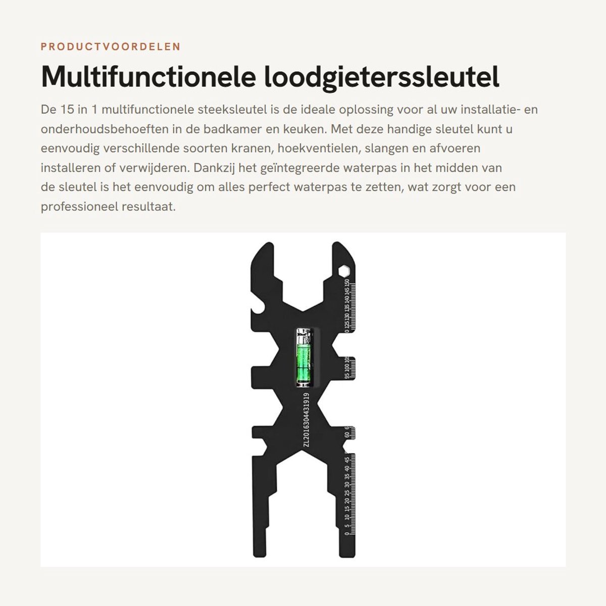 Dailygoods- Loodgieterssleutel 15 IN 1 - Multifunctioneel Gereedschap - Waterpasliniaal - Duurzaam - Geschikt voor Krane - 19 x 6,2 cm - Installatiesleutel
