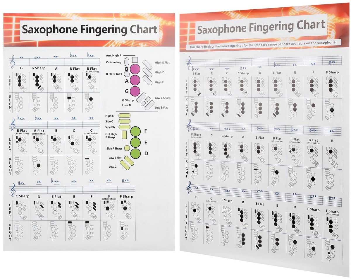 Dailygoods- Vingerzettingstabel Beginners - Saxofoon - Altsaxofoon/Tenorsaxofoon - Notities - Akkoorddiagrammen - Hoogwaardig Papier - Saxofoonkaart