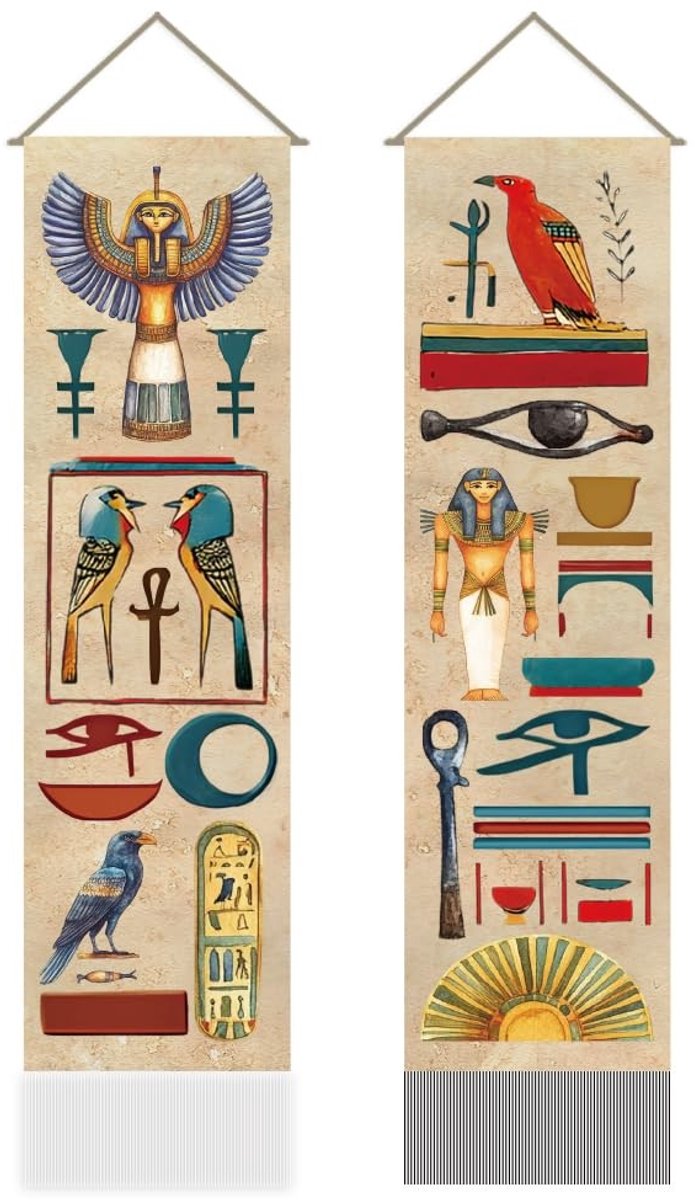 Dailygoods- Wandtapijt Egyptisch Thema - Farao/Hiërogliefen - Mystieke Decoraties - 2 Stuks - 111 x 30 cm - Kwastjes - Muurdecoratie