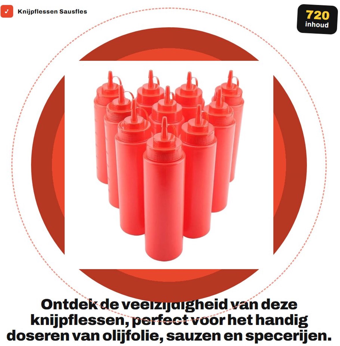 Dailygoods- Knijpfles 720 ml - Kruidendispenser - Sausfles - Kunststof - 10 stuks - Antimorsdeksel - Sauzenfles