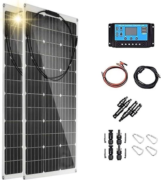 Set van twee flexibele zonnepanelen met bijbehorende laadregelaar, kabels en connectoren.