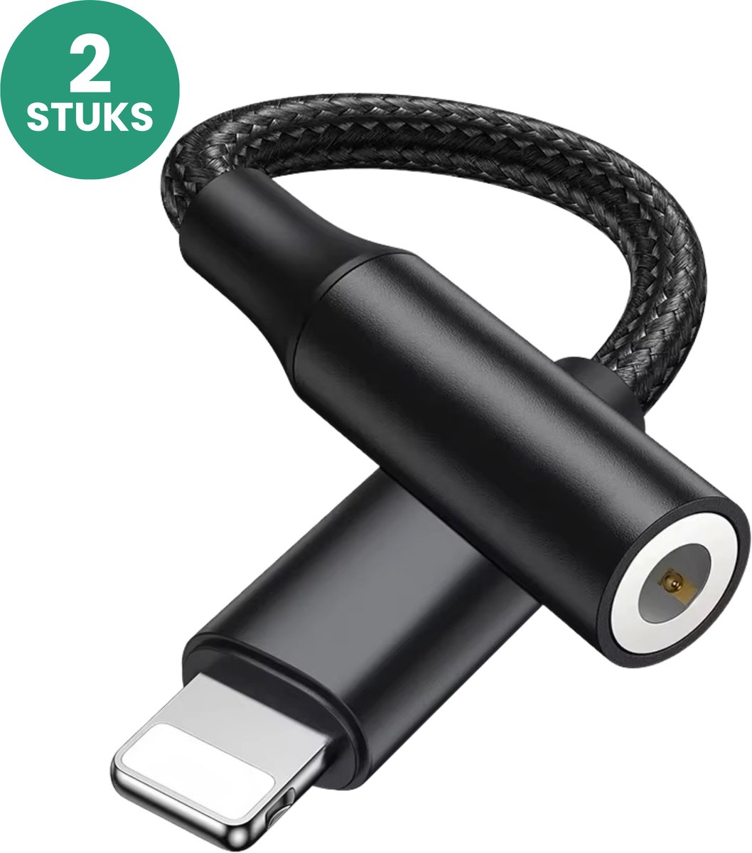 2x JUALL Lightning naar Jack geschikt voor iPhone - 3.5mm Jack Adapter - Tussenstukje Oortjes - Audio AUX Kabel - Zwart Gevlochten
