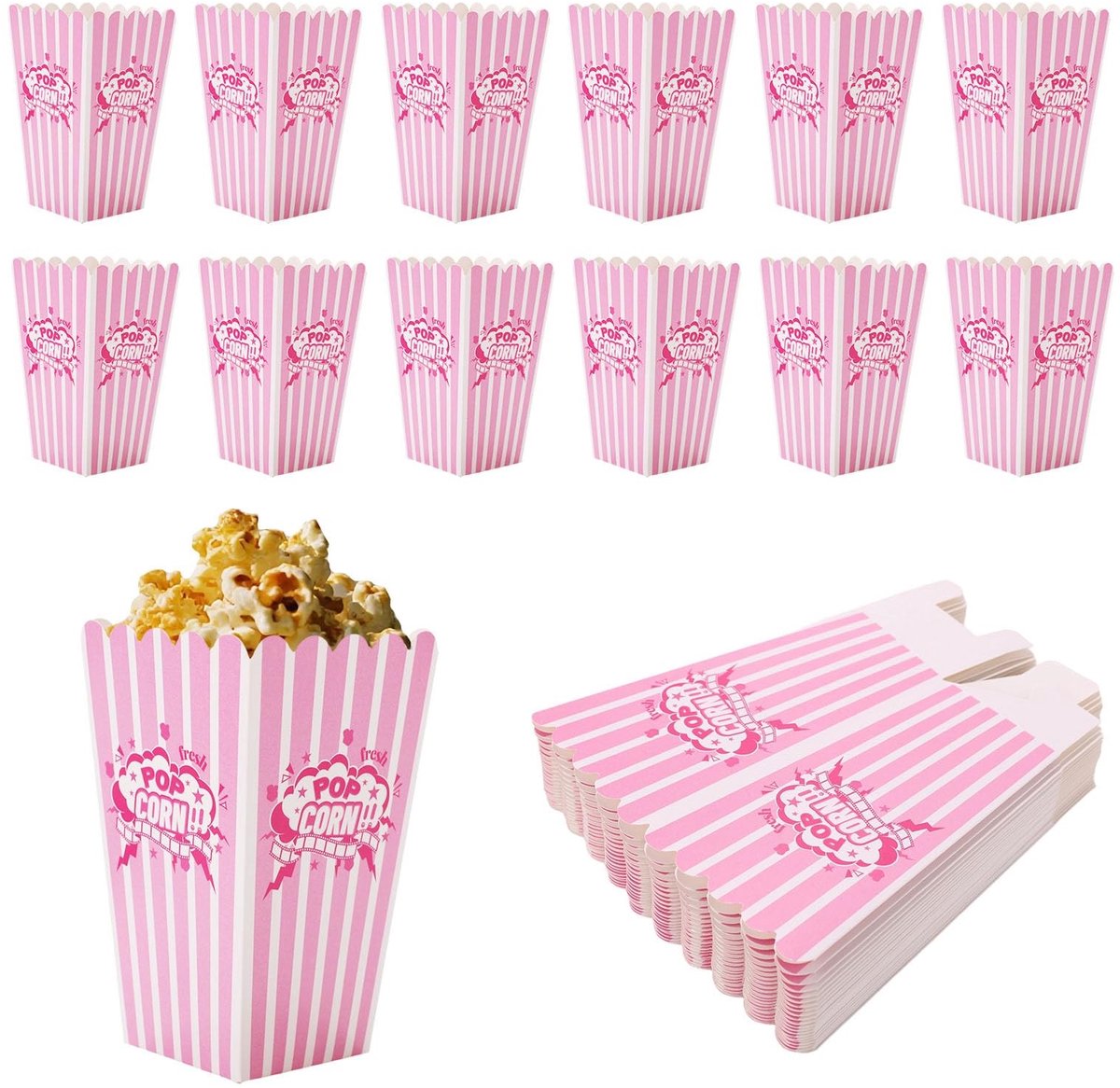 Dailygoods- Popcorn Bakjes 24st - Klein Kartonnen Emmers - Roze/Wit Gestreept - Feestelijke Snackverpakkingen - Oliebestendig - 7x5x12cm - Snackbakjes