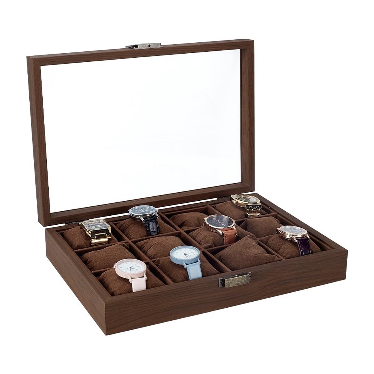 Dailygoods- Horlogekoffer 12-vaks - Houten Horlogebox - Organizer voor Heren - Sieradenorganizer - Glazen Deksel - Duurzaam en Elegant - Horlogeopbergdoos