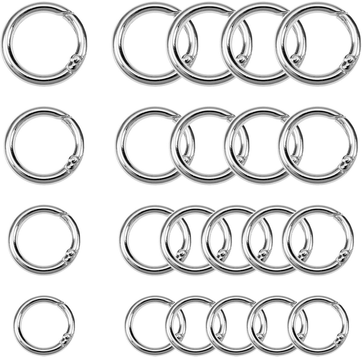 Dailygoods- Ronde Karabijnring 20 stuks - Zinklegering - Zilver - Veersluiting - Sleutelhanger - Handtassen - 20/25/30/35 mm - Haak