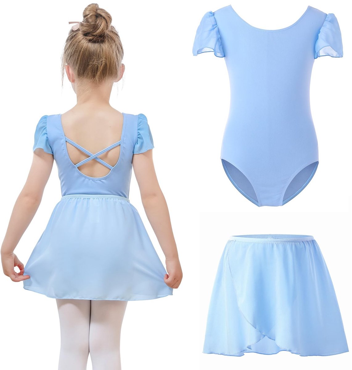 Dailygoods- Balletkleding Meisjes met Afneembare Balletrok - Dansbody - Pofmouwen - Balletpak Kinderen - Materiaal 88% Nylon - Levering Inclusief 1 Rok - Danspak