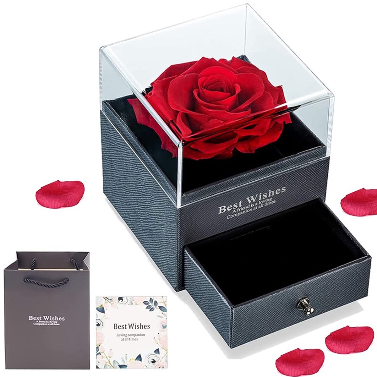 Dailygoods- Geschenkdoos - Eeuwige echte geconserveerde roos - Geschenkzakje - Wenskaart - Romantisch geschenk - Hoogwaardige materialen - 10,5x9x9 cm - Bloemen