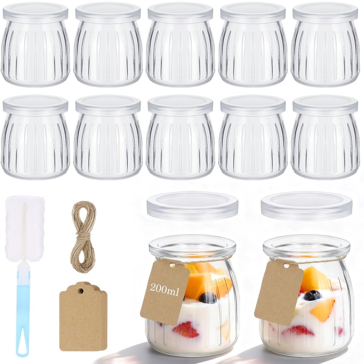 Dailygoods- Yoghurtpotten 12 stuks - Glazen Potten met Deksel - Herbruikbare Potten - 200 ml - Temperatuurbestendig - Eenvoudig te Reinigen - Glazen Pot