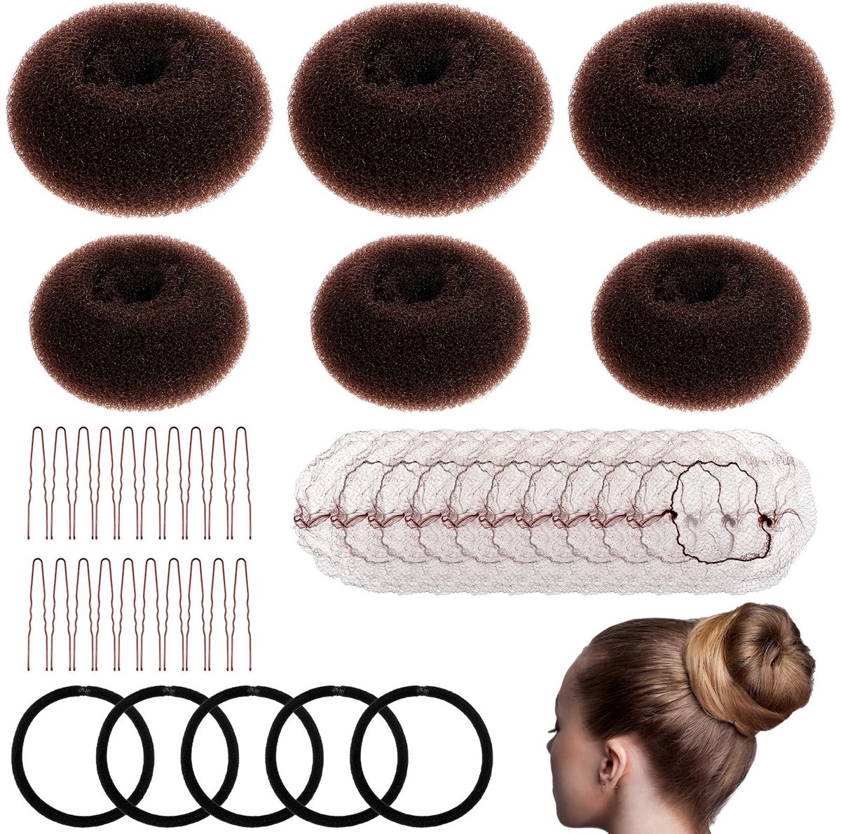 Dailygoods- Knotkussen Set - 6 Stuks (3 Medium + 3 Klein) - Haarknot Maker - Pluche Haaraccessoires - Inclusief 5 Elastische Haarbanden - 20 Haarspelden