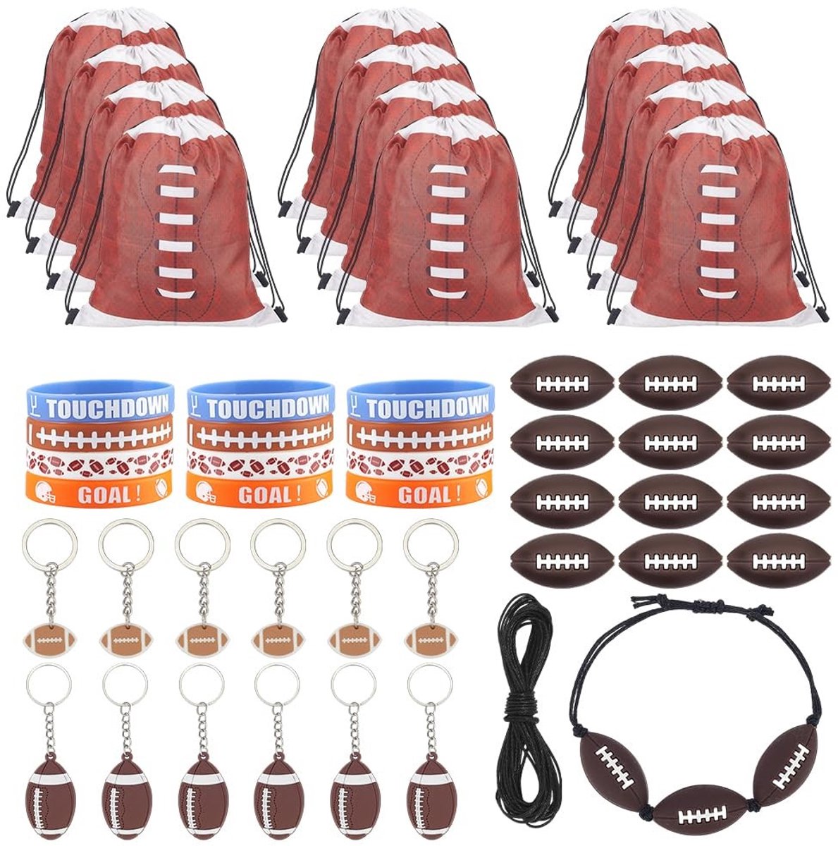 Dailygoods- Voetbalfeestbenodigdheden 48 stuks - Trekkoord Tassen - Siliconen Armband - Sleutelhanger - Mini Bal - Thema Verjaardagscadeau - Sportfeestartikelen