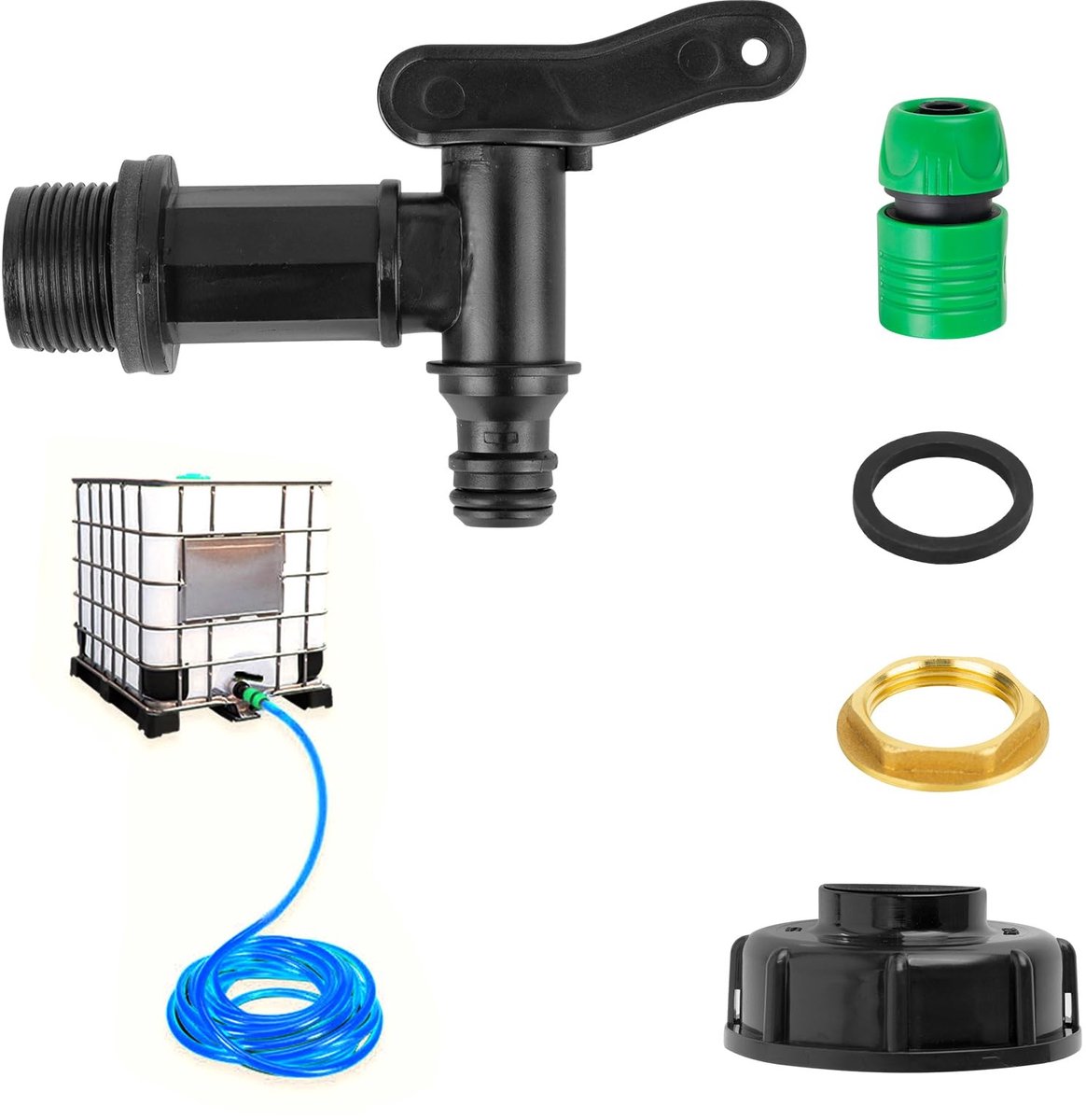 Dailygoods Tankaccessoires - afvoerkraan - zwart - adapter - ideaal voor 600/1000 l regenwatertanks - slangaansluiting