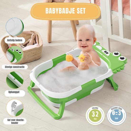 QIN® Baby Badje met Standaard - Baby Badje - Inklapbaar Bad - met Badkussentje en Ingebouwde Thermometer - Appelgroen - 63cm x 42cm x 20cm — afbeelding 5