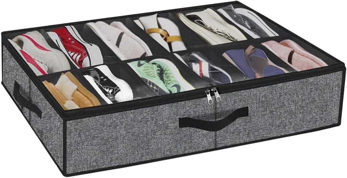 Schoenenopbergoplossing voor Onder Bed, Geschikt voor 12 Paar, Vouwbare Opbergdoos met Doorzichtige Raam en Grote Capaciteit in Grijs Linnenachtig Design