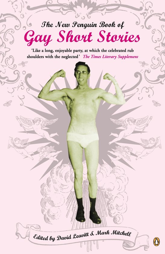 De kaft van "The New Penguin Book of Gay Short Stories", met een man in ondergoed die zijn spieren spant.
