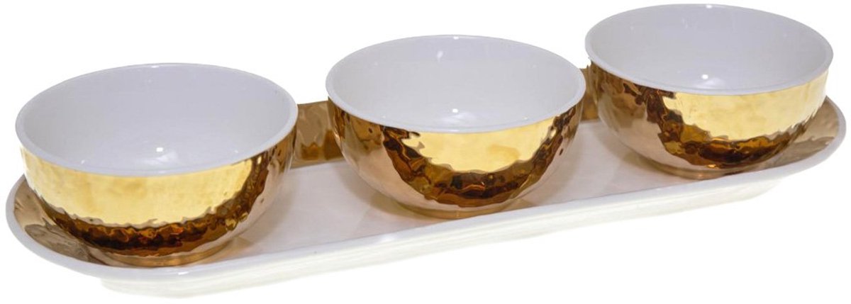AULICA - Set van 3 witte en gouden kommen op plateau - 38.3x14x6cm - Goud/Wit