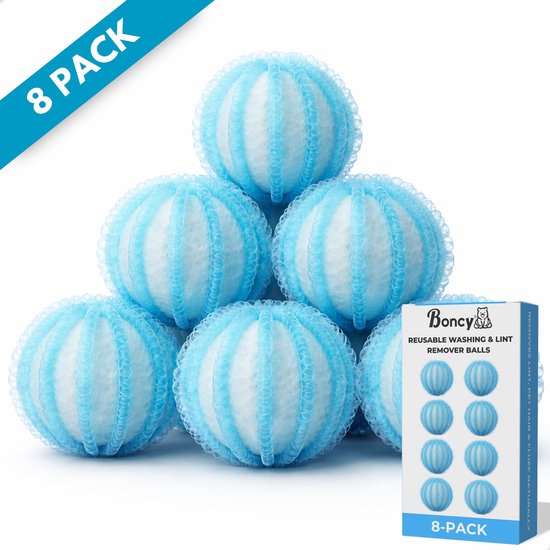 Boncy® Drogerballen 8 stuks Blauw - Droger Ballen Haarverwijderaar voor Wasdrogers & Wasmachine - Haarvanger Wasbollen - Anti Haar Droogballen - Wasdrogerballen - Wasballen Pluizenverwijderaar Huisdieren Wasmachine Pluis Wasbol