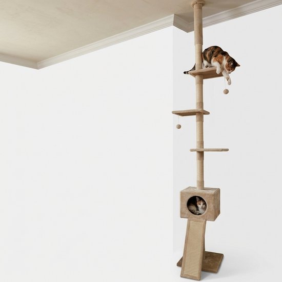 Beige krabpaal met 2 katten, verstelbaar van 233-265 cm, met een kattenhuisje.
