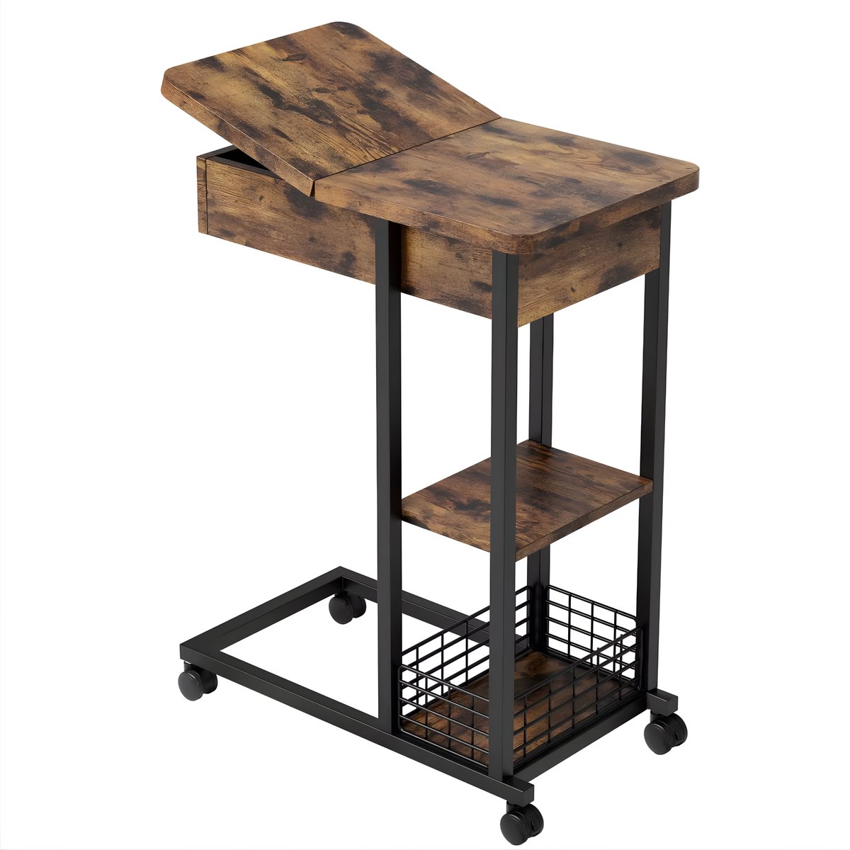 Happiq C-Vormige Bijzettafel - Opklapbaar met Opbergplank & Wielen - Industrieel - Bruin Brown