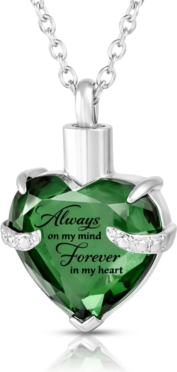 Akerz Mini urn ketting hart donker groen – As hanger – Herinneringssieraad – Always in my heart – RVS