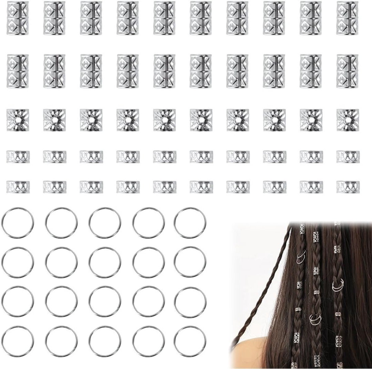 Verstelbare Haarspiralen en Metaalringen voor Dreadlocks, 80 Stuks Haaraccessoires voor Mannen en Vrouwen, Kralen en Cuffs