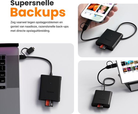 Toveca kaartlezer aangesloten op smartphone, laptop en tablet, met geheugenkaarten erin.