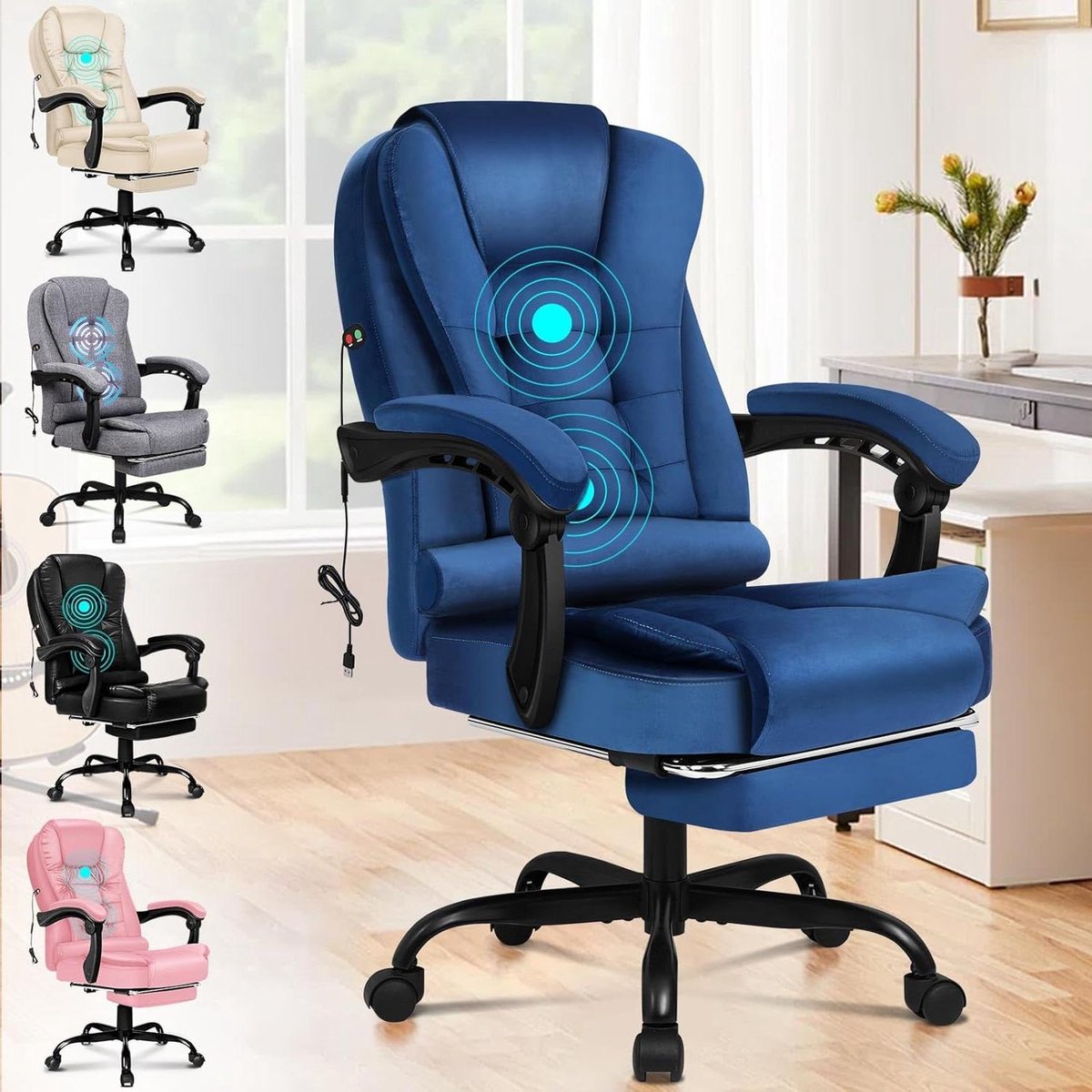 Bureaustoel met Voetsteun - Computerstoel Ergonomisch - Langdurig Zitten - Verstelbare Rugleuning 150 Graden - Draagvermogen 180 kg - Blauw