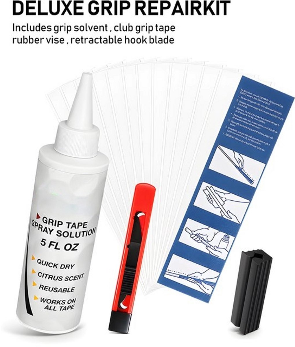 Stripe golf grip vervangset met klem, grip tape, solvent en hook mes