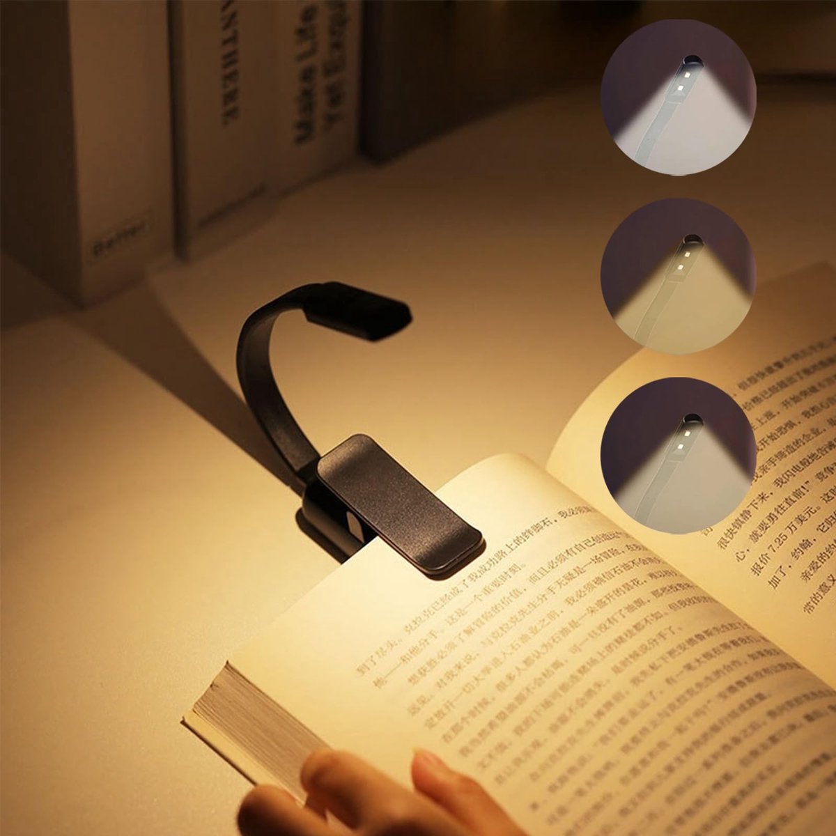 carmdering - Leeslampje - Boekenlamp - Oplaadbare leeslamp - 3 kleurstanden - 360° flexibele zwanenhals - Siliconen & ABS - Oogvriendelijke LED - Licht en draagbaar voor onderweg - 1 stuk