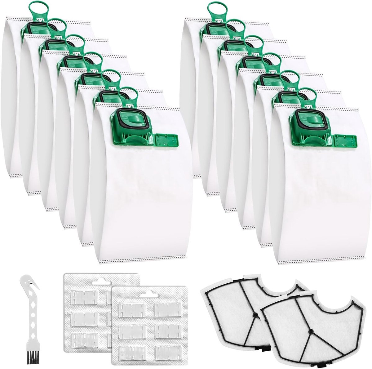 Set van 12 stofzuigerzakken met 5-laags filtratie, zelfverzegelend en anti-allergisch, inclusief 2 filters, 12 geurzakjes en 1 borstel voor optimale schoonmaakresultaten