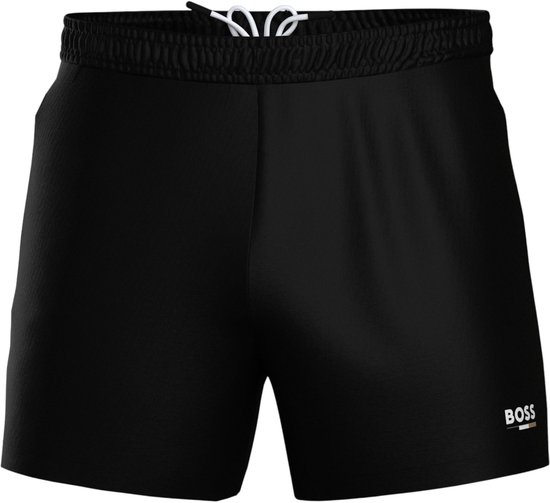 Zwarte BOSS zwemshort met trekkoord, logo en streepdetail.