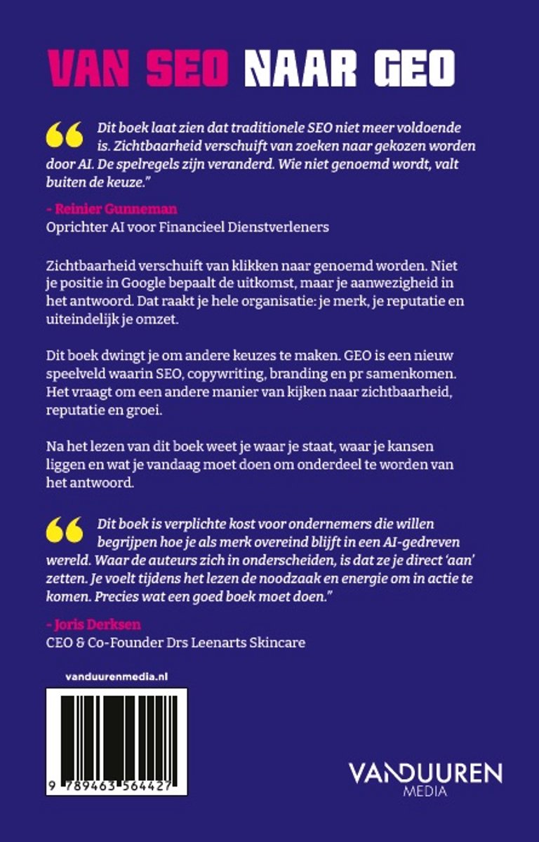 Achterkant boek "Van SEO naar GEO" met citaten en tekst over vindbaarheid in AI.