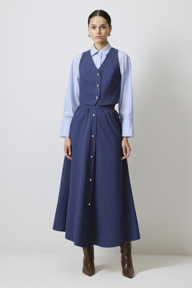 Touché Privé - Gestreepte set van gilet en rok - Denim - Dames