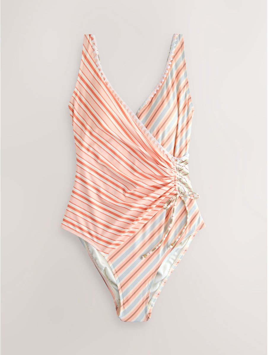 Next Dames - Vormgevend en buikcorrigerend badpak met gerimpelde zijkant - Tall - Crème Cream Peach Stripe Whipstitch