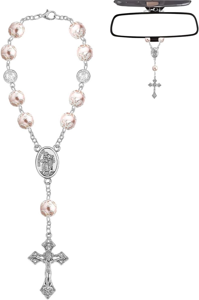Christophorus Achteruitkijkspiegel Hanger, Geluks Pendant voor Auto, Decoratie voor Achteruitkijkspiegel, Bijbel Cadeau voor Gelovigen, Roze Kleur