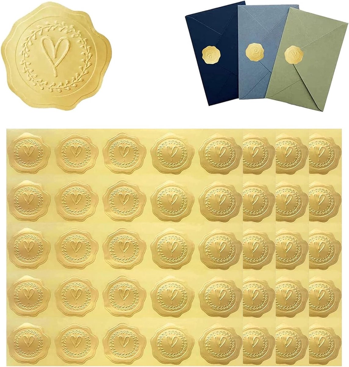 Zelfklevende Waxzegels met Gegraveerd Hart, 100 Stuks voor Trouwen, Envelop Stickers en Decoratie, Goudkleurig