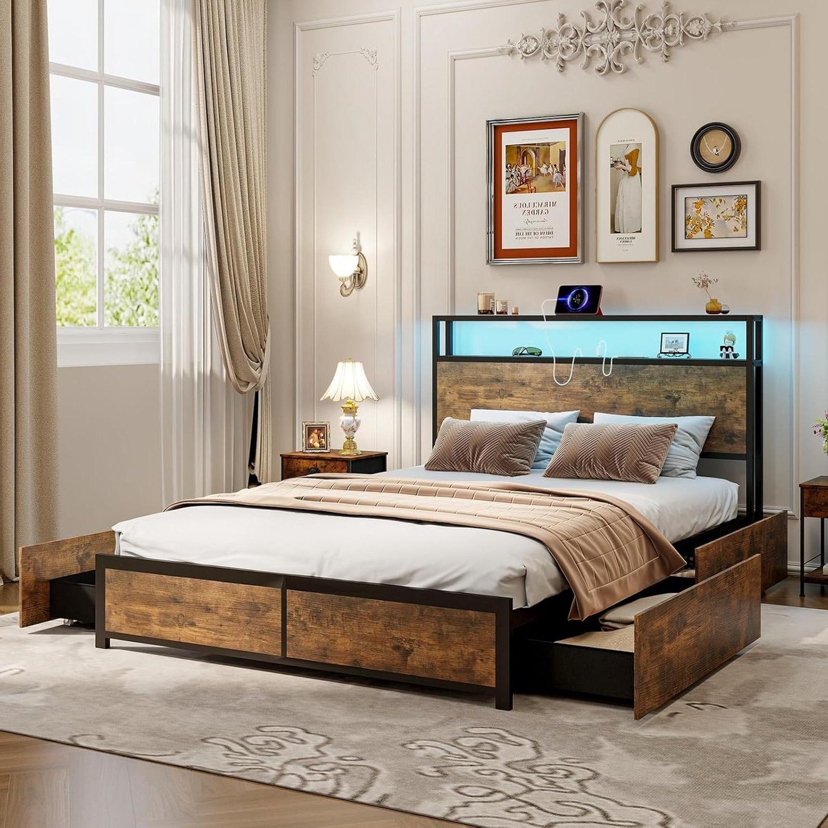 Bedframe met Laden - Tweepersoonsbed Metalen Frame - Moderne Slaapkamer - Geïntegreerde LE
