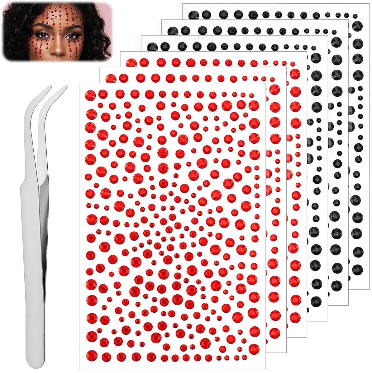 Zelfklevende Strass Steentjes in Rood en Zwart voor Halloween, Make-up, Festivals en DIY Creaties - Inclusief Pincet, 3/4/5/6 mm Face Jewelry