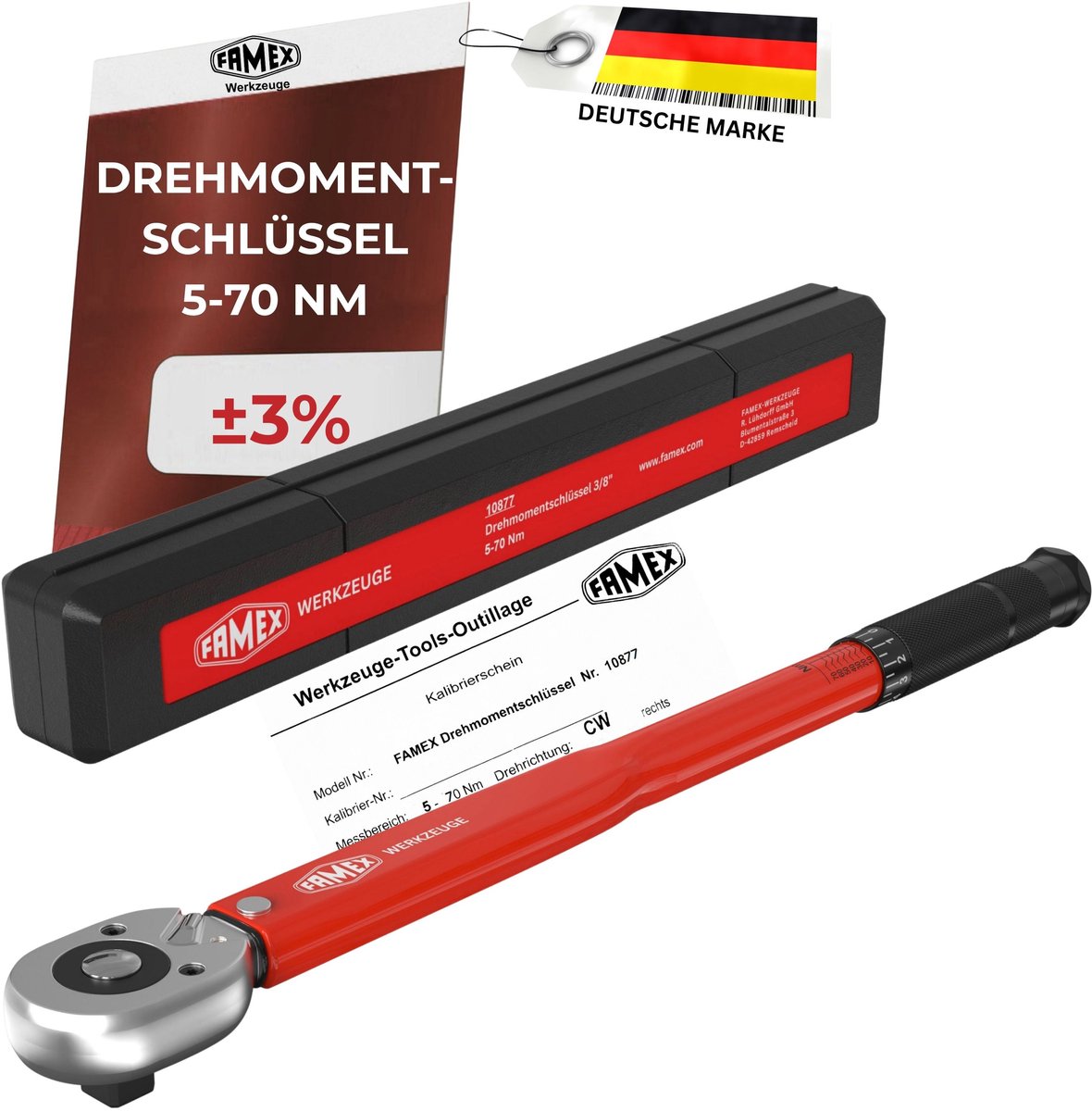 FAMEX 10877 Momentsleutel 3/8” - 5-70 Nm, gekalibreerd tot ±3%, voor auto, motor, fiets, met kalibratiecertificaat, beide draairichtingen