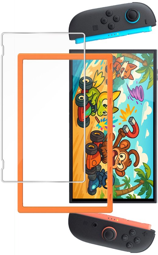 Protection d'écran avec cadre de montage compatible avec Nintendo Switch 2. Protection d'écran en Glas trempé avec Kit d'installation.