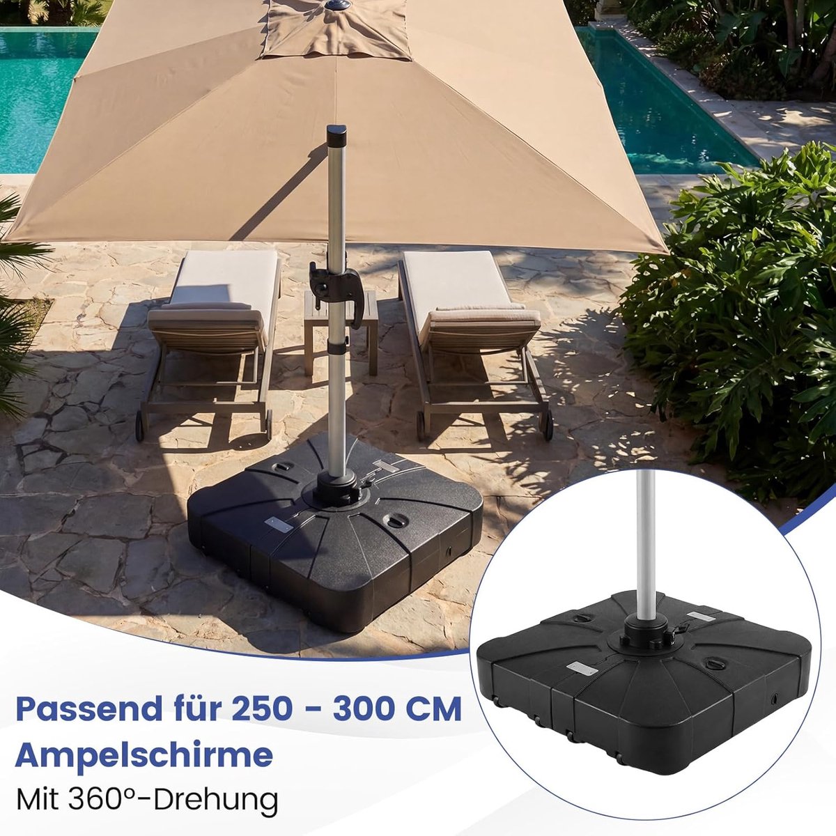 Pro-Series Verrijdbare Parasolvoet XXL – Vulbaar tot 170 kg – Met Geïntegreerd Metalen Kruisframe – Voor Grote Zweefparasols (250-350 cm) – Weerbestendig HDPE