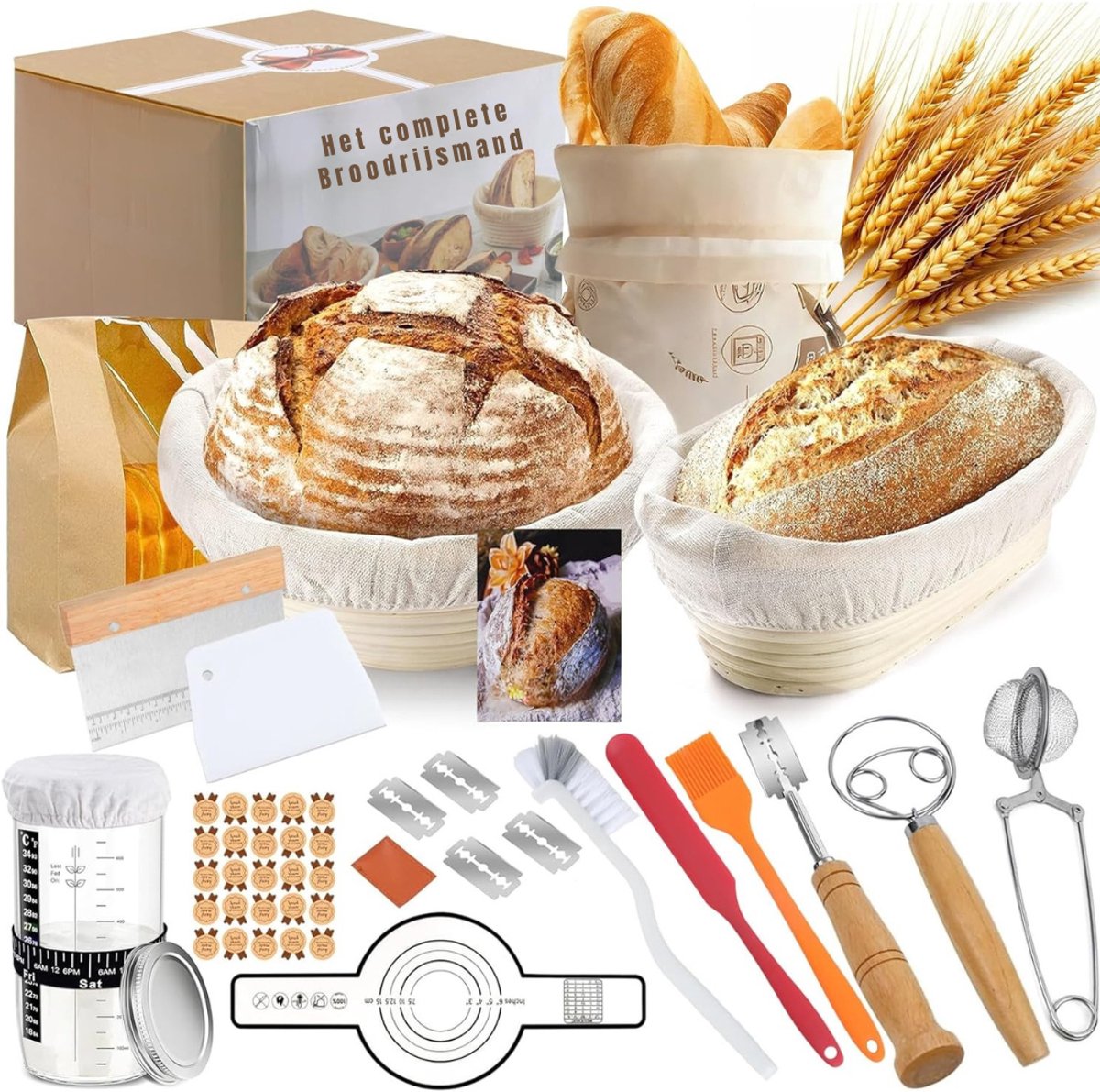 REN® Zuurdesemstarterset - Zuurdesem - Zuurdesemstarterset - rijsmand voor het bakken van brood - Rotanmand - Bruin - 23cm x 26cm x 16cm