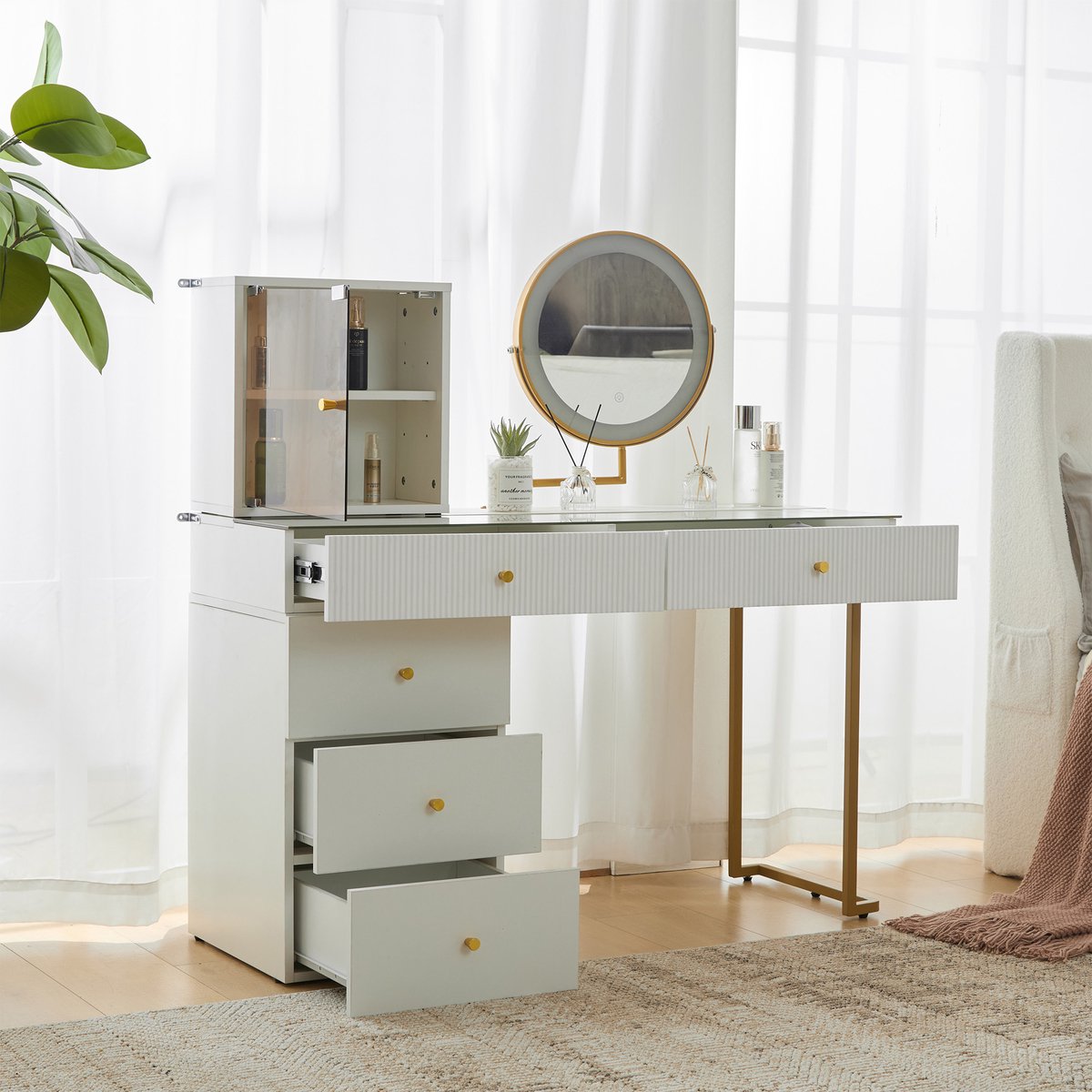 MODENUIT Kaptafel - Spiegel Met 3-Kleuren Ledverlichting En Verplaatsbare Kast - Voor Slaapkamer - Glas En Wit - 120x45x115 Cm