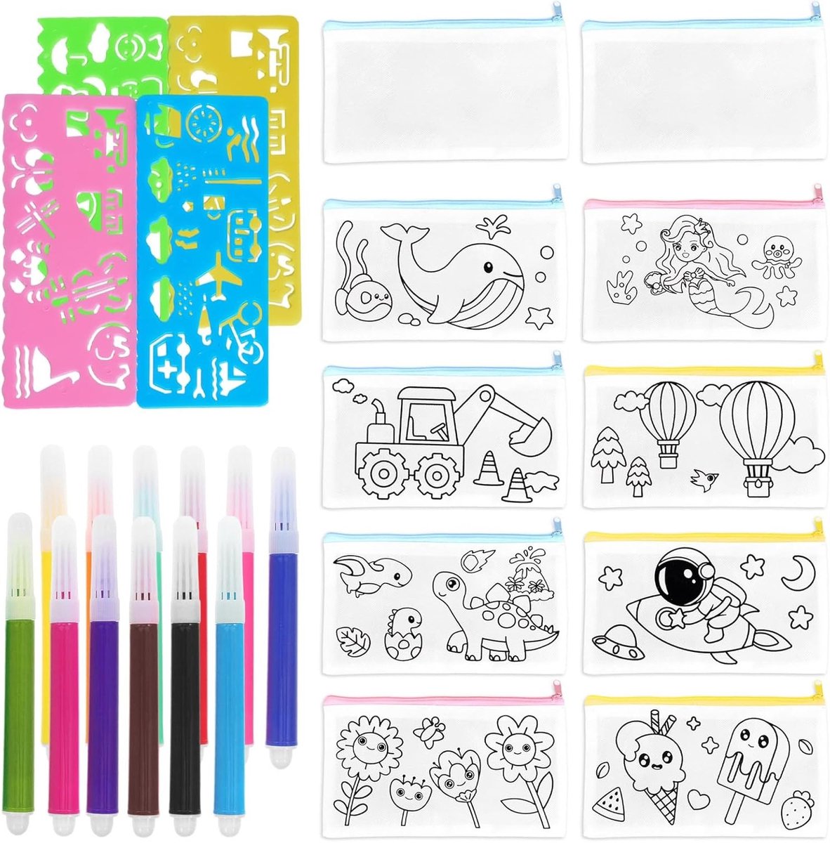 DIY Nonwoven Stoffen Pennenzak Set voor Kinderen - 8 Thema's - 12 Kleuren Waterverf - Creatieve Knutselprojecten en Kunstontwikkeling - 12 Stuks