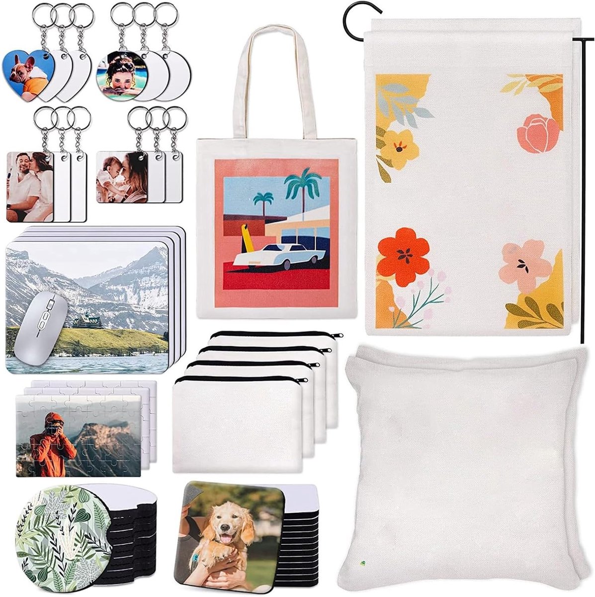 Sublimatie Set voor Warmteoverdracht - 77-delige Creatieve Set voor Sleutelhanger, Make-up Tas, Kussen, Muismat en Auto Accessoires