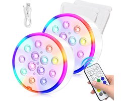 Twee oplaadbare, IP68 waterdichte RF-afstandsbedieningen met USB-timer, 16 RGB-kleuren en 13 LED’s. Geschikt voor zwembaden, spa’s, aquariums, vijvers, vazen en feesten.