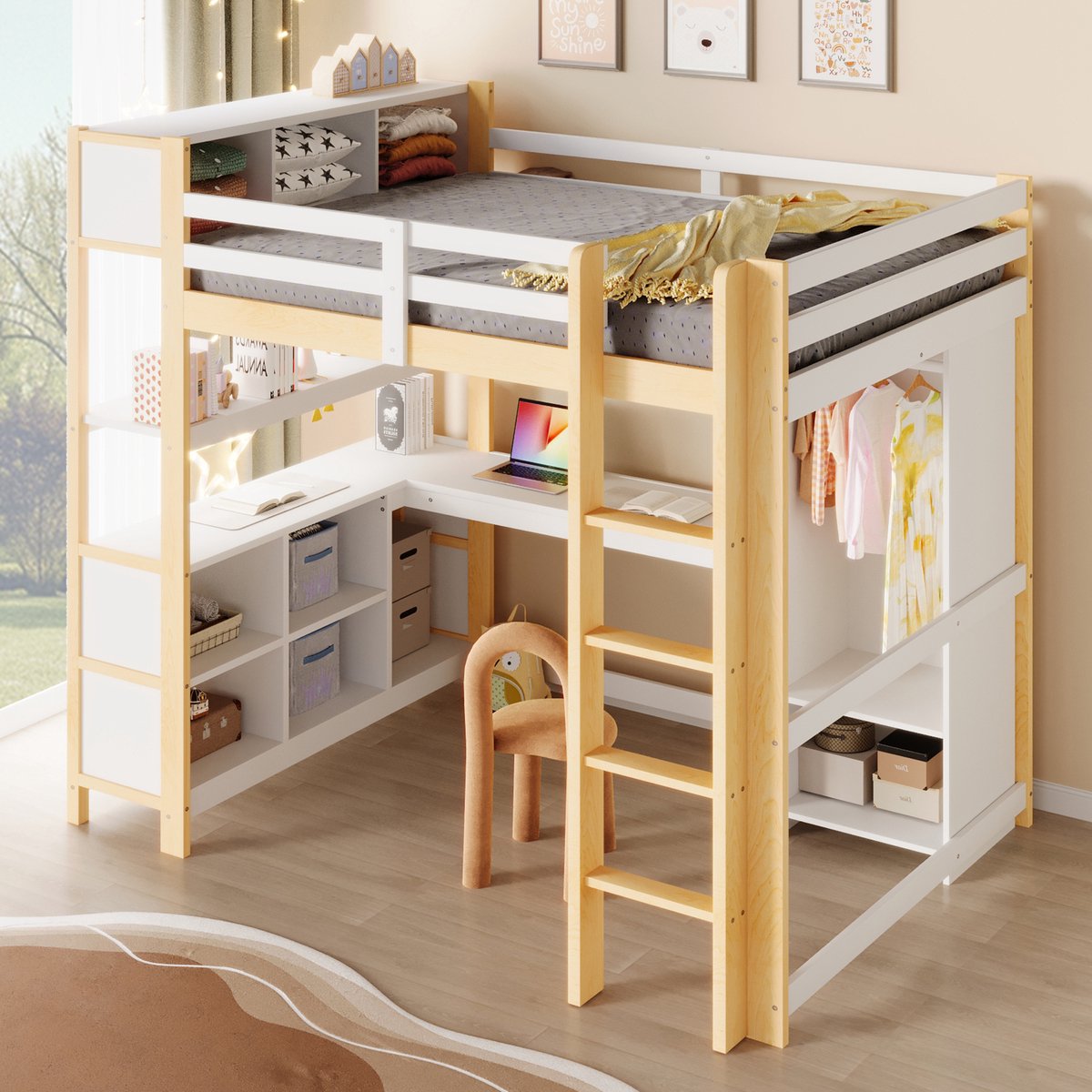 Merax Hoogslaper 140x200 cm - met boekenplank - opbergvak - bureau - kledingkast - zonder matras - houtkleur